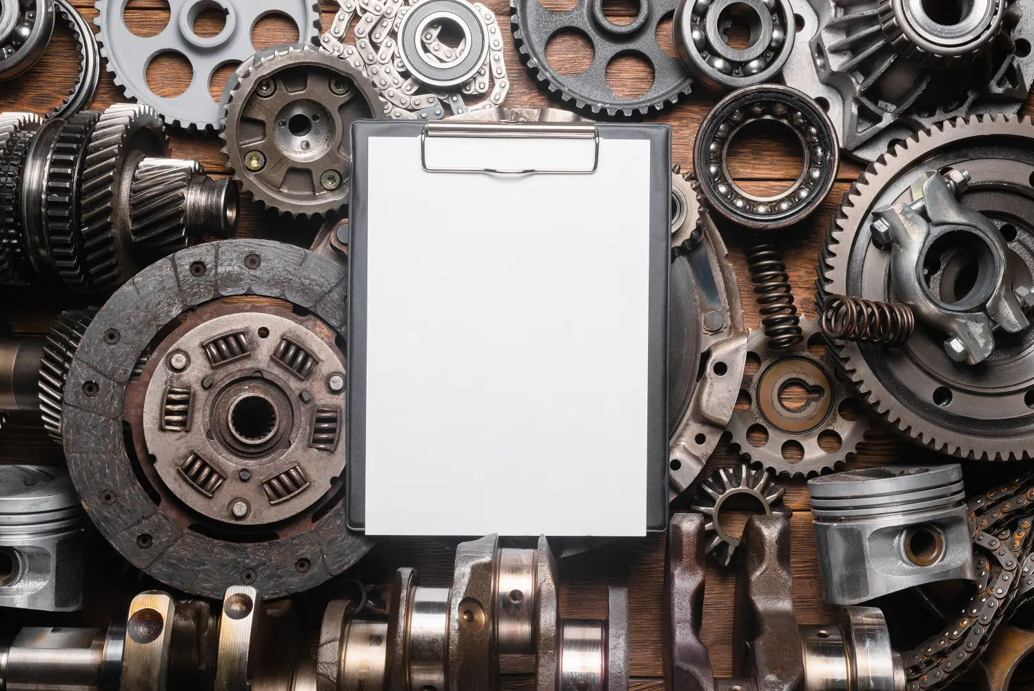 Hintergrund: Liste der Autoersatzteile. Modell einer Autoreparaturrechnung. Autoersatzteile und leere Notizseite als flacher Hintergrund.