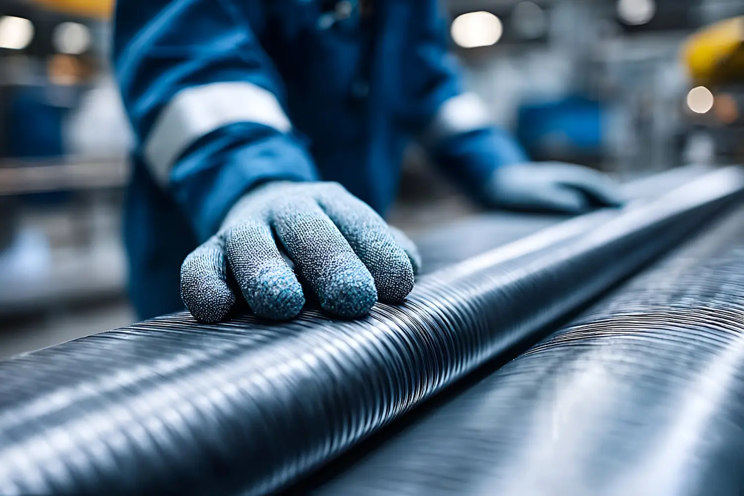 Die Hand eines Arbeiters berührt sanft eine Stahlstange in einer modernen Industrieumgebung und demonstriert Präzision und Handwerkskunst in der Fertigung.